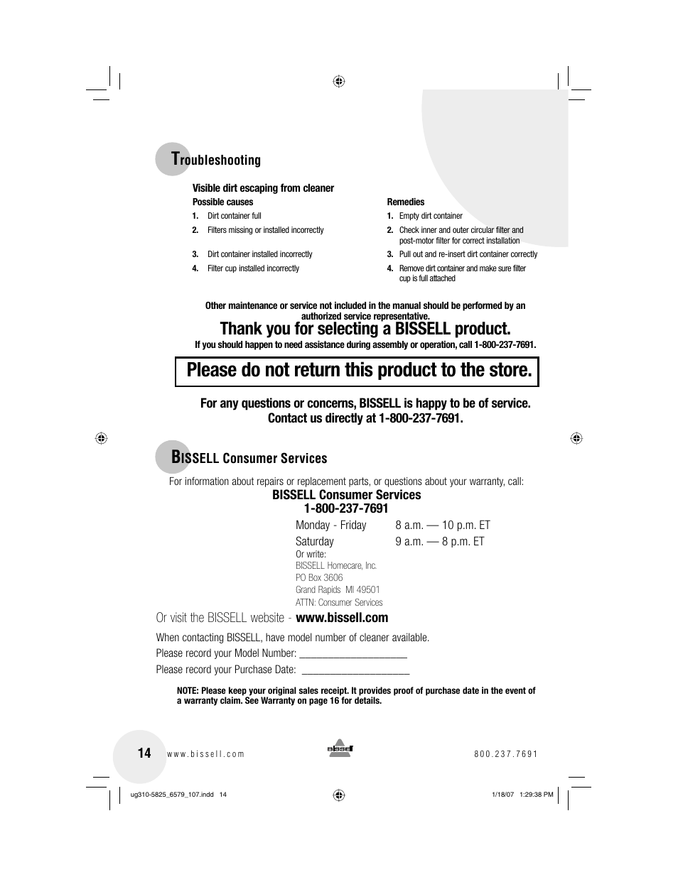 Please do not return this product to the store | Bissell Powerforce bagless 6579 series User Manual | Page 14 / 16