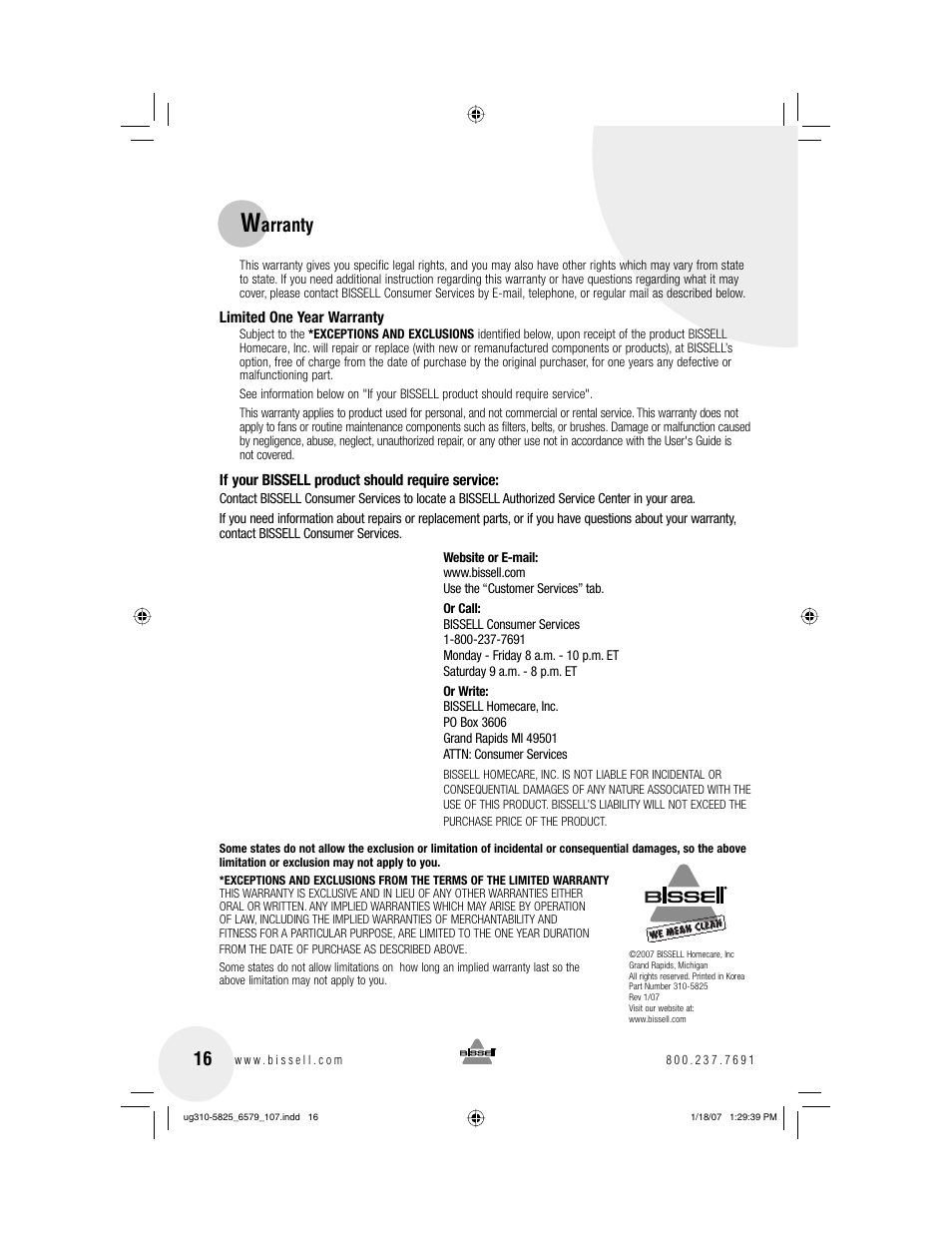 Arranty | Bissell Powerforce bagless 6579 series User Manual | Page 16 / 16