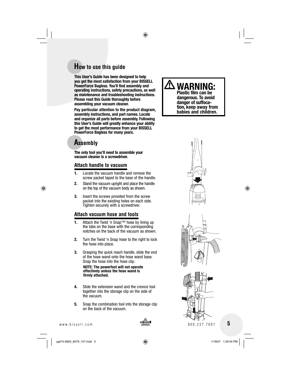 Warning | Bissell Powerforce bagless 6579 series User Manual | Page 5 / 16