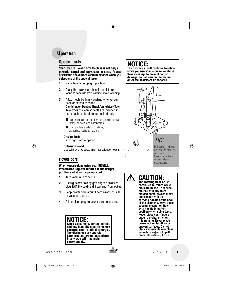 Notice, Caution | Bissell Powerforce bagless 6579 series User Manual | Page 7 / 16