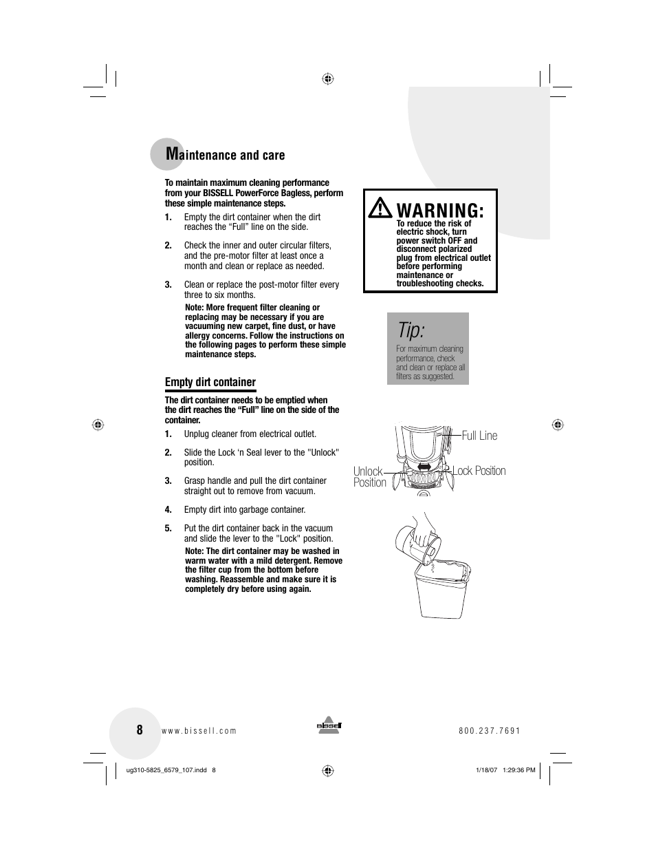 Warning | Bissell Powerforce bagless 6579 series User Manual | Page 8 / 16