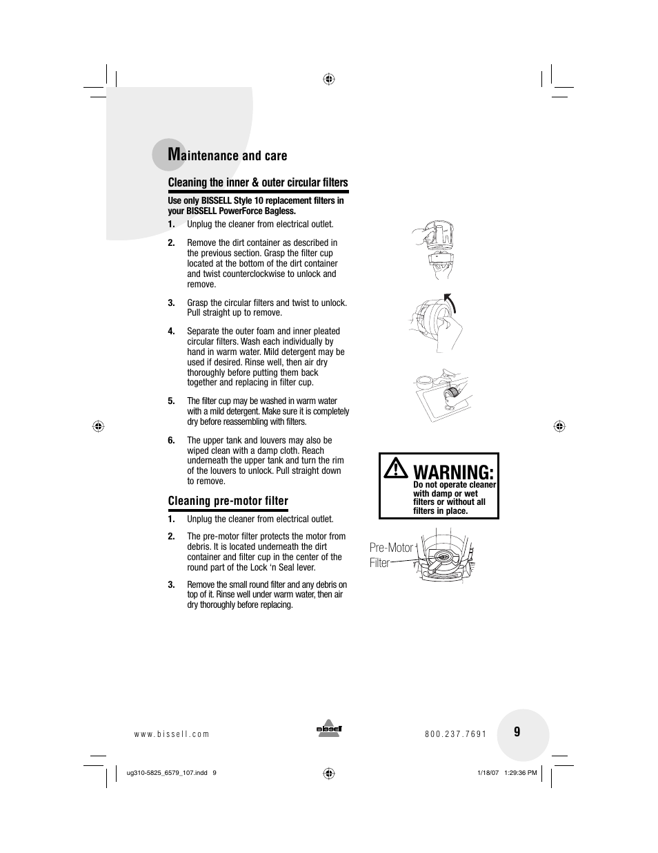 Warning | Bissell Powerforce bagless 6579 series User Manual | Page 9 / 16