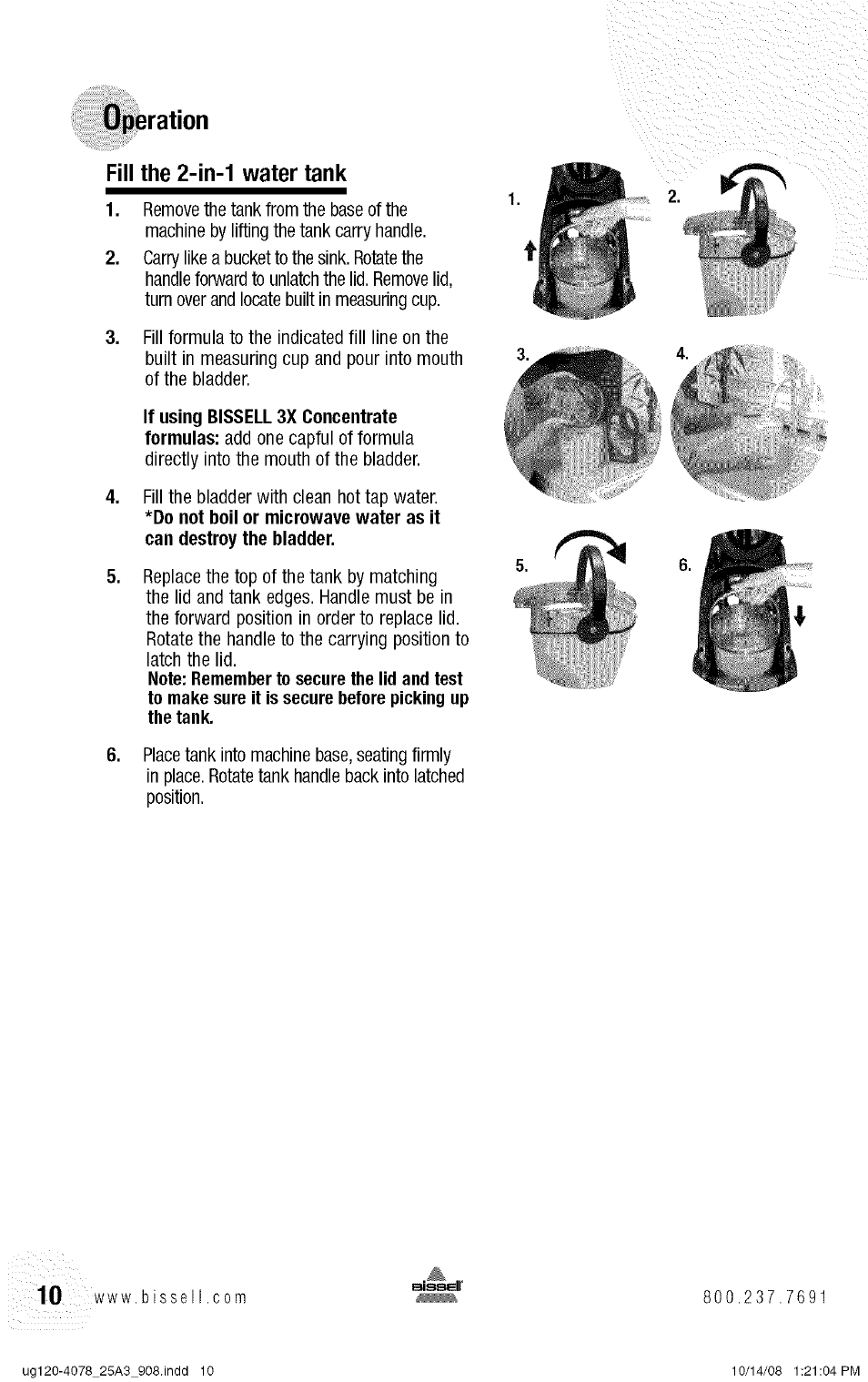 Fill the 2-in-1 water tank, Operation | Bissell 25A3 User Manual | Page 10 / 20