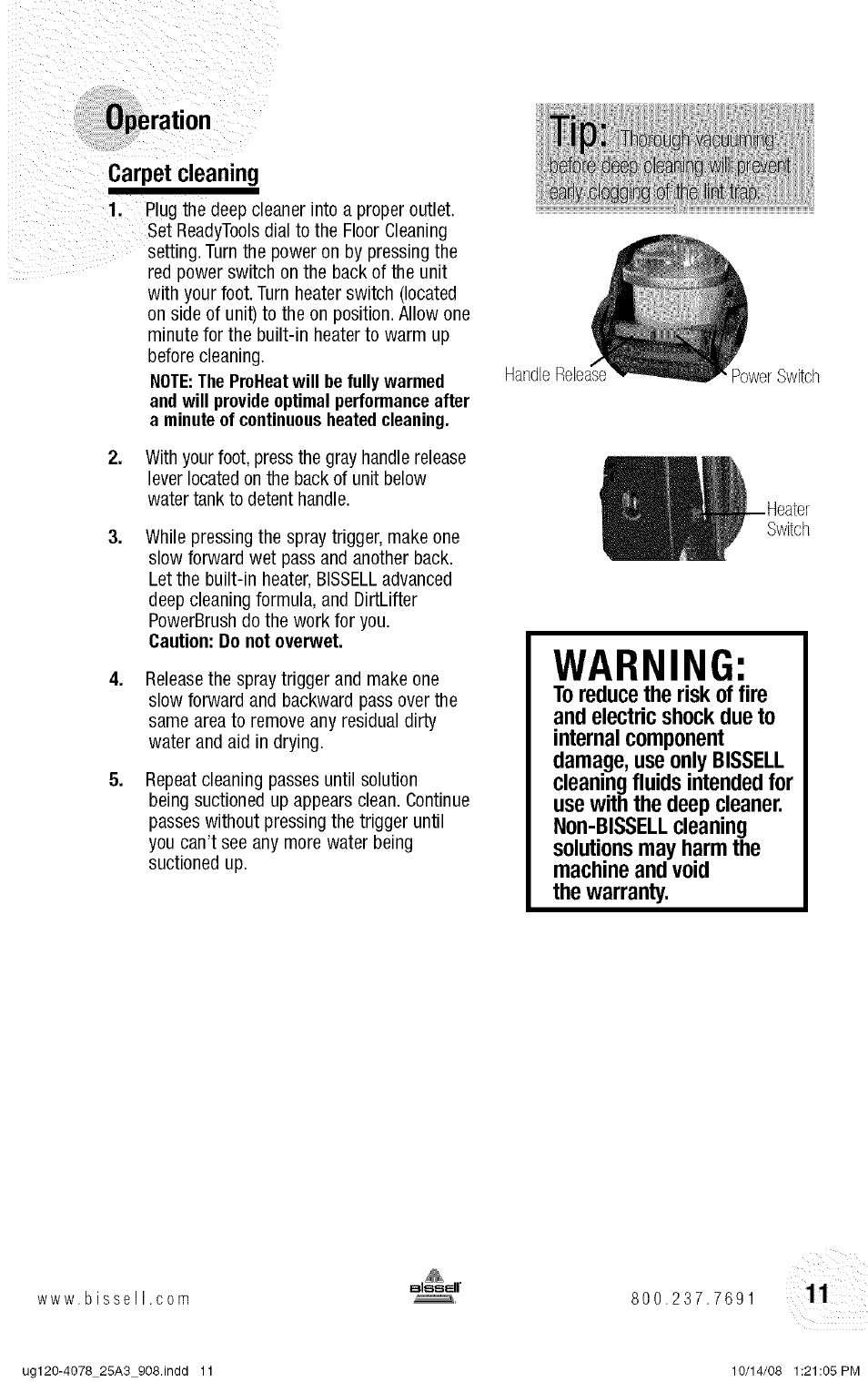 Warning, Operation carpet cleaning | Bissell 25A3 User Manual | Page 11 / 20