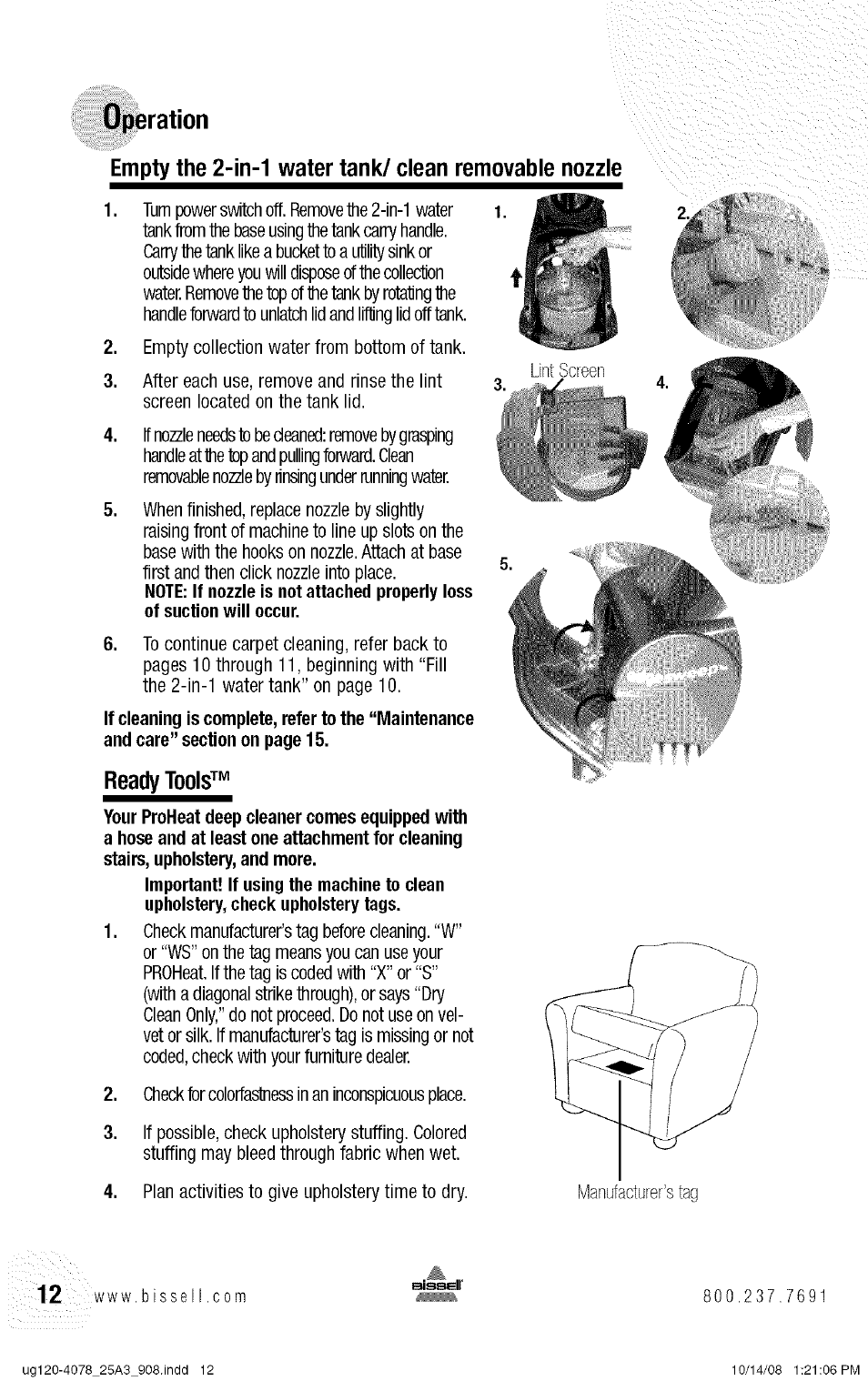 Ready tools, Operation, C 0 m | Bissell 25A3 User Manual | Page 12 / 20