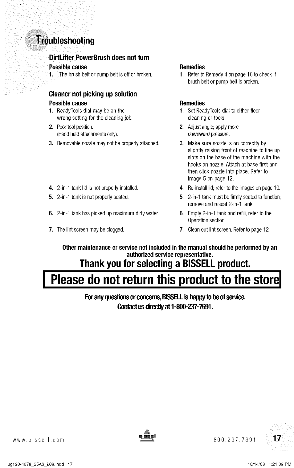 Please do not return this product to the store, Troubleshooting | Bissell 25A3 User Manual | Page 17 / 20