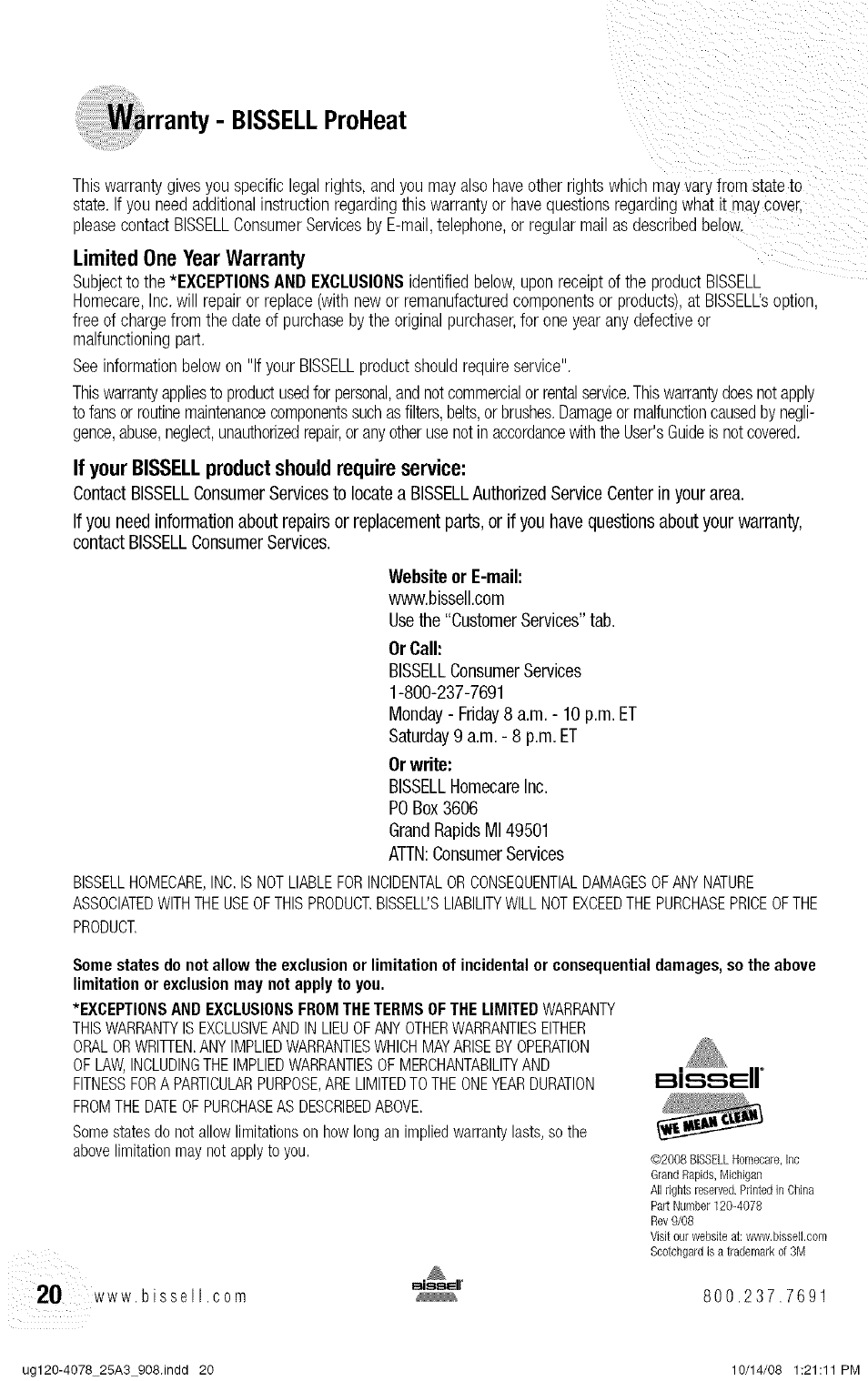 Warranty - bissell proheat, Bissel | Bissell 25A3 User Manual | Page 20 / 20