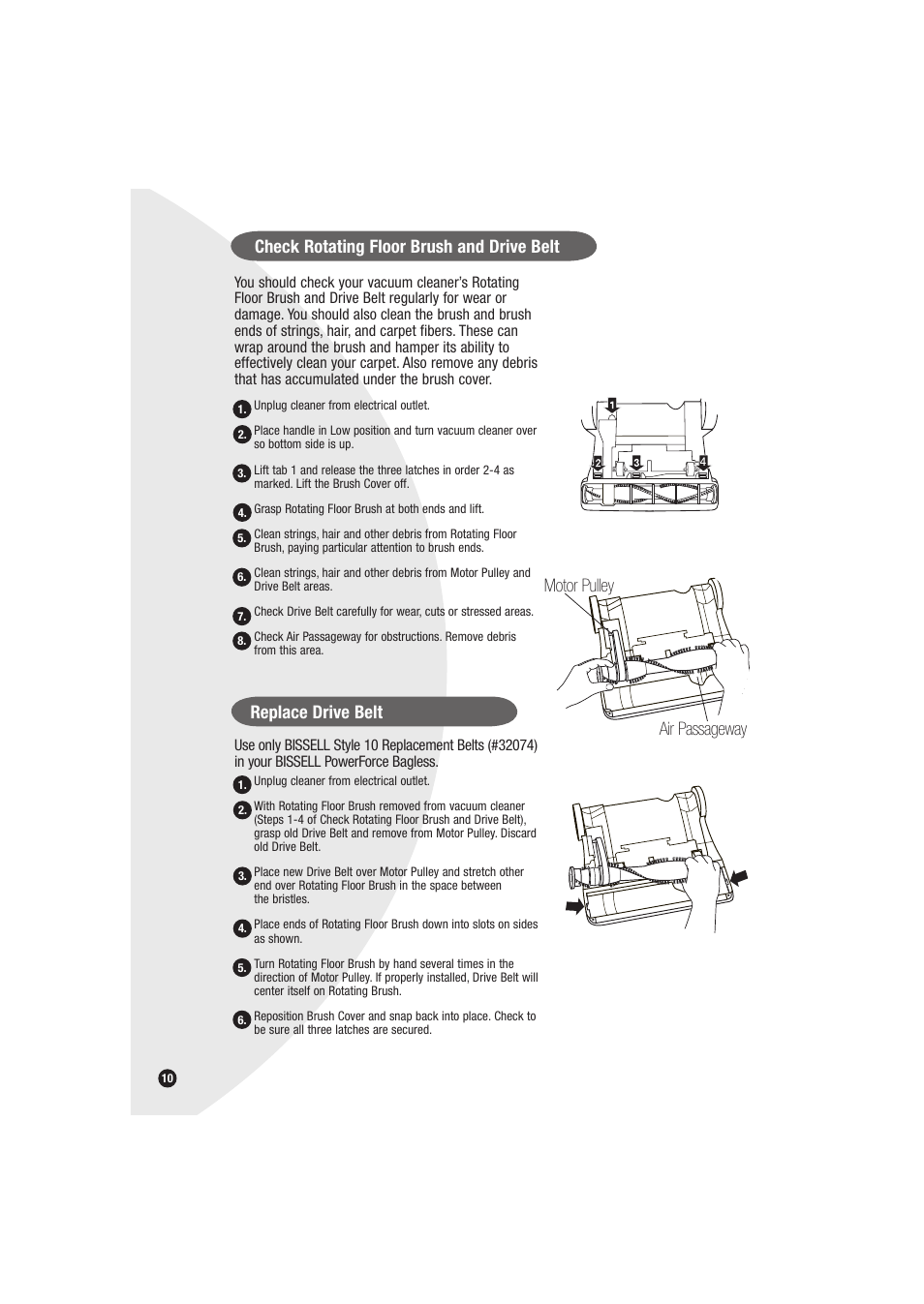 Check rotating floor brush and drive belt, Replace drive belt, Air passageway motor pulley | Bissell Powerforce bagless 6594 series User Manual | Page 10 / 16