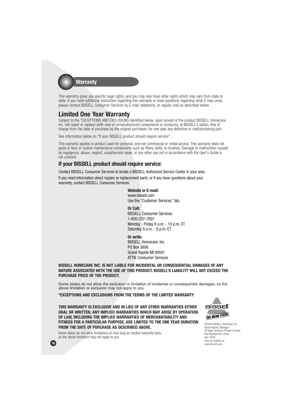 Limited one year warranty, Warranty, If your bissell product should require service | Bissell Powerforce bagless 6594 series User Manual | Page 16 / 16