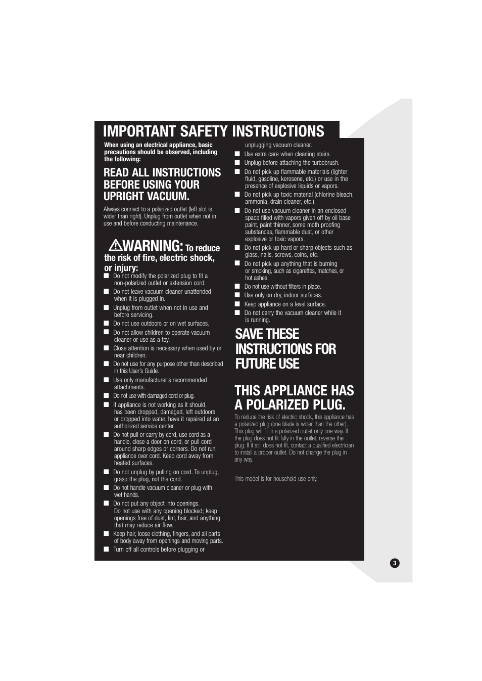 Important safety instructions, Warning | Bissell Powerforce bagless 6594 series User Manual | Page 3 / 16