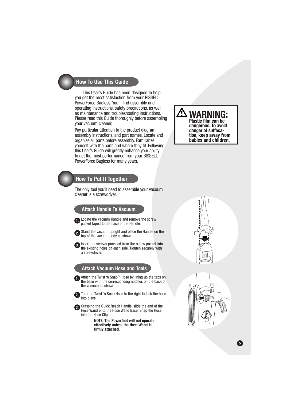 Warning, How to use this guide, How to put it together | Bissell Powerforce bagless 6594 series User Manual | Page 5 / 16