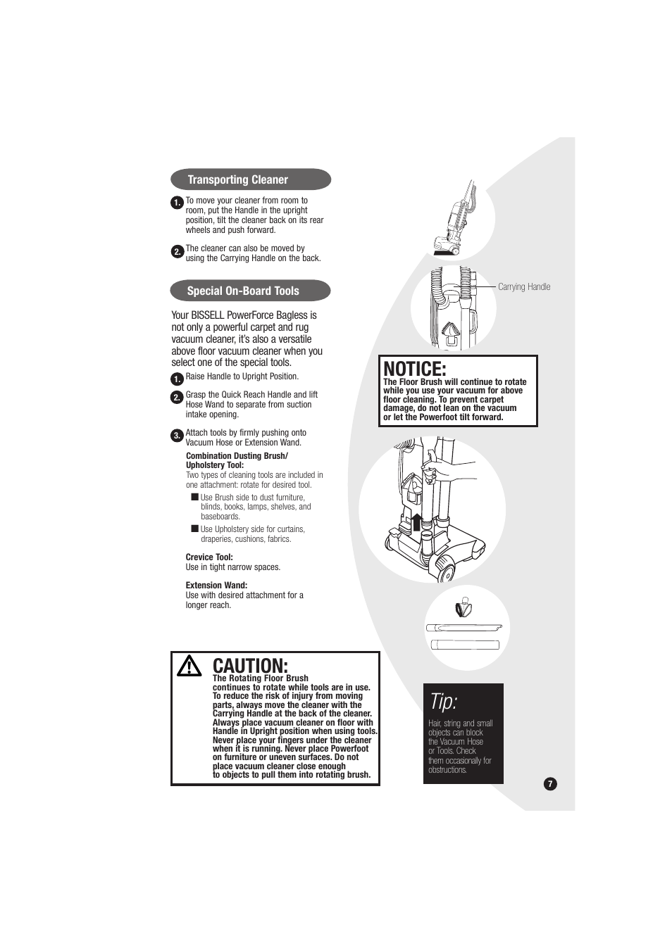 Notice, Caution | Bissell Powerforce bagless 6594 series User Manual | Page 7 / 16