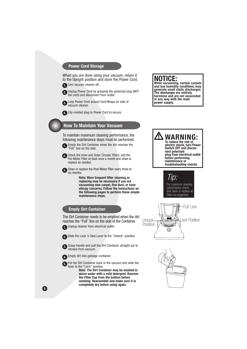 Warning, Notice | Bissell Powerforce bagless 6594 series User Manual | Page 8 / 16