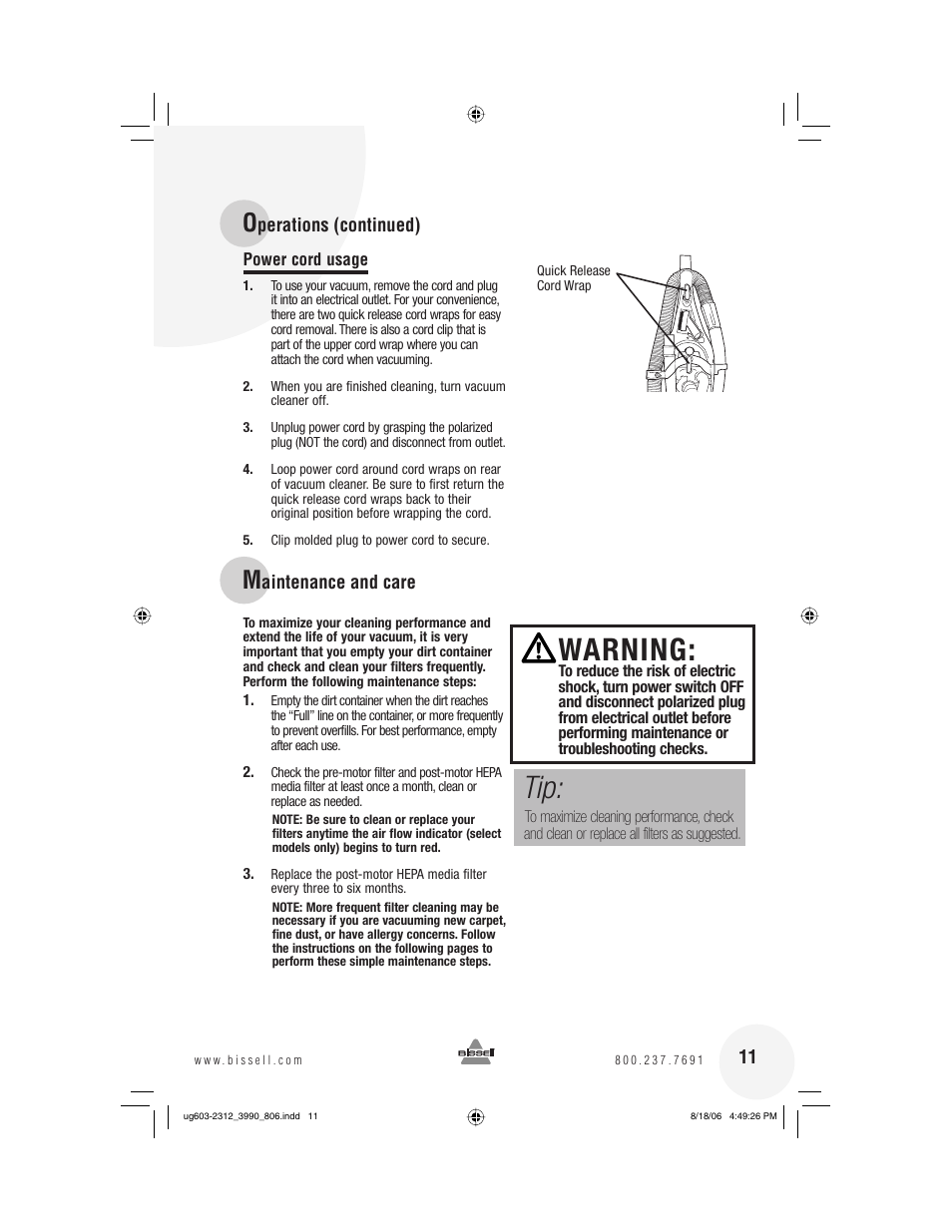 Warning | Bissell 6393 Series User Manual | Page 11 / 20