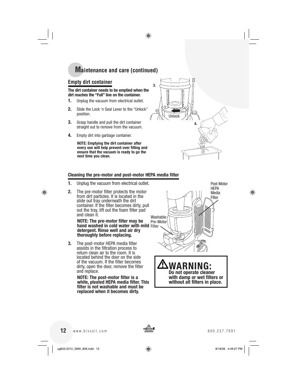 Warning | Bissell 6393 Series User Manual | Page 12 / 20