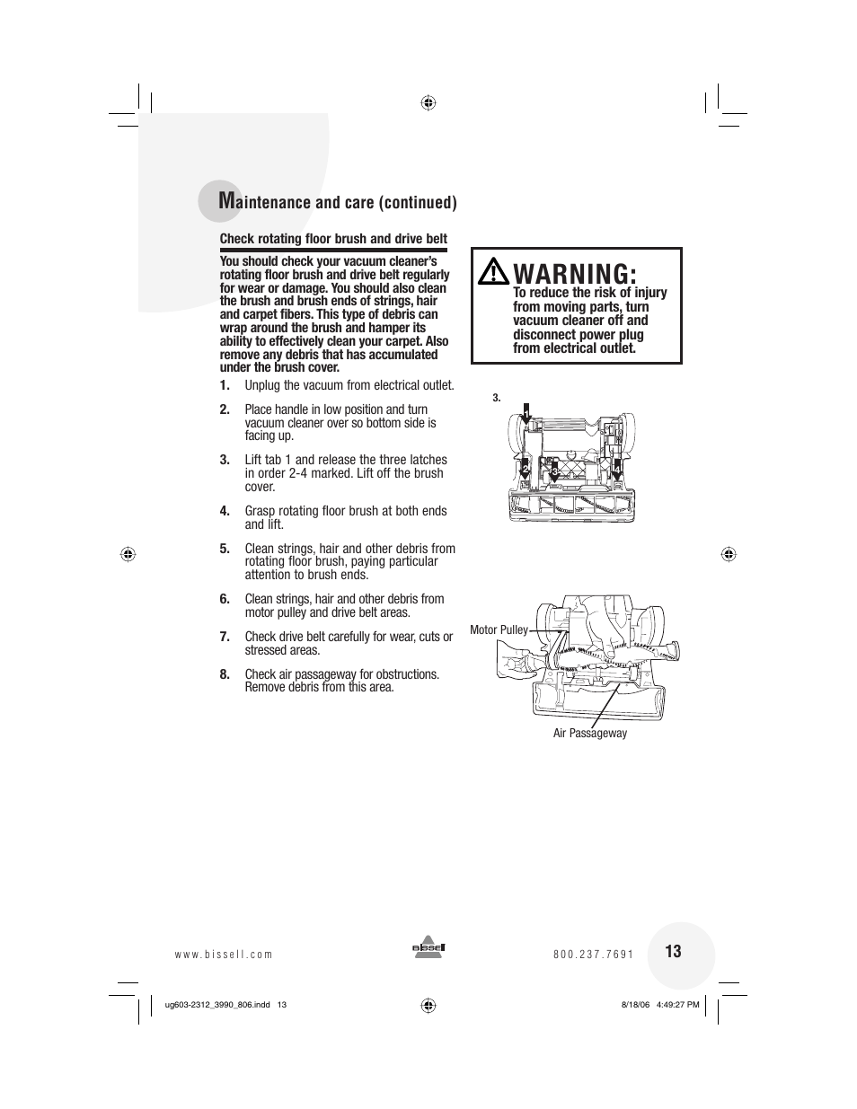 Warning, Aintenance and care (continued) | Bissell 6393 Series User Manual | Page 13 / 20