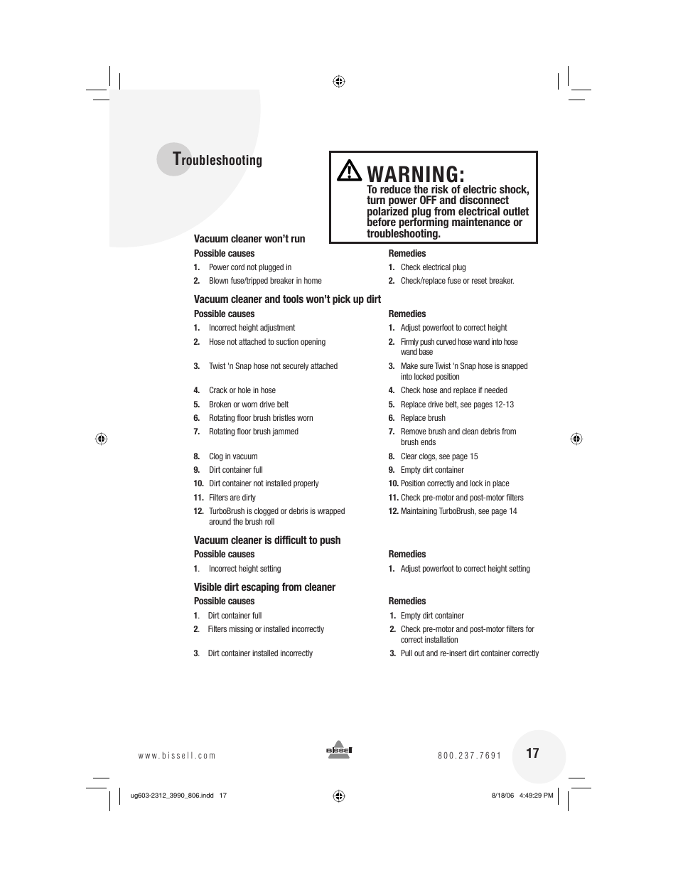 Warning, Roubleshooting | Bissell 6393 Series User Manual | Page 17 / 20