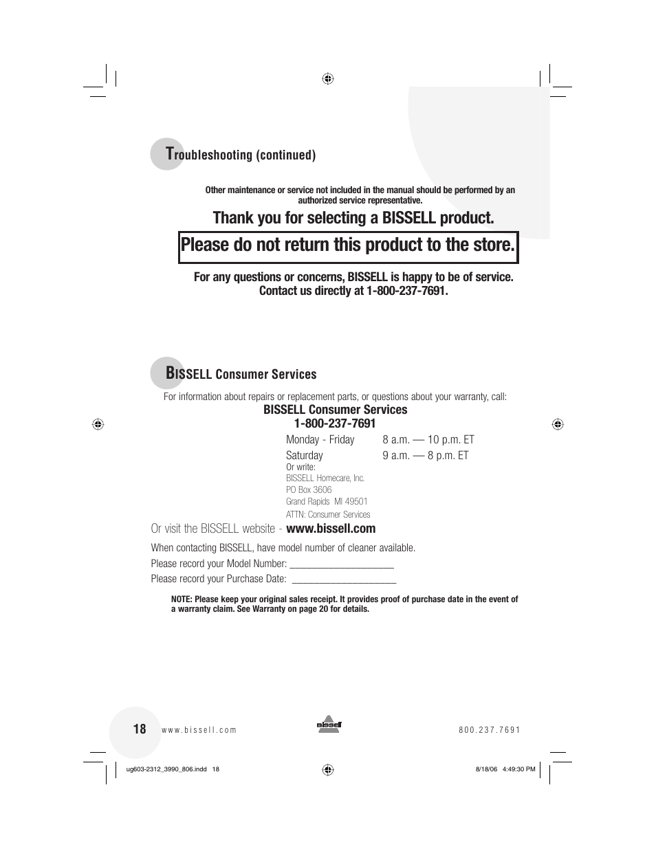 Please do not return this product to the store | Bissell 6393 Series User Manual | Page 18 / 20