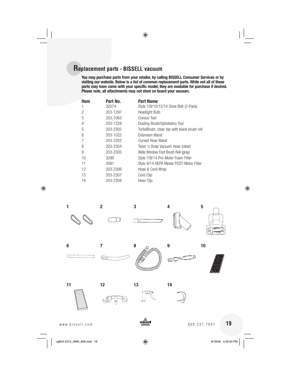 Eplacement parts - bissell vacuum | Bissell 6393 Series User Manual | Page 19 / 20