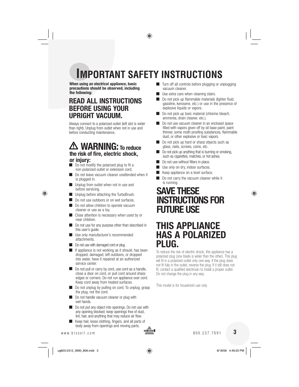 Mportant safety instructions, Warning | Bissell 6393 Series User Manual | Page 3 / 20