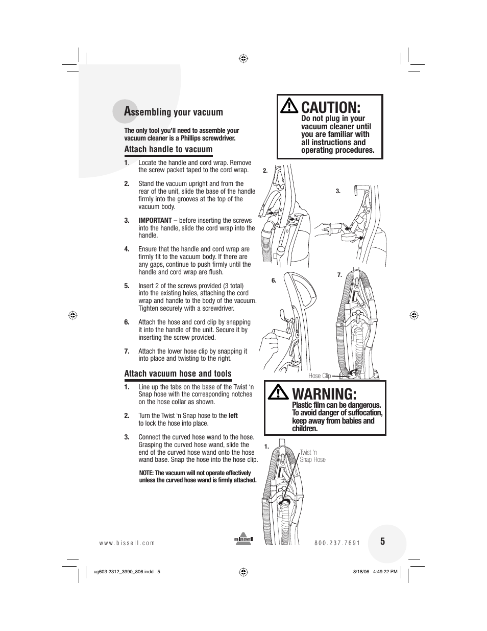 Caution, Warning | Bissell 6393 Series User Manual | Page 5 / 20