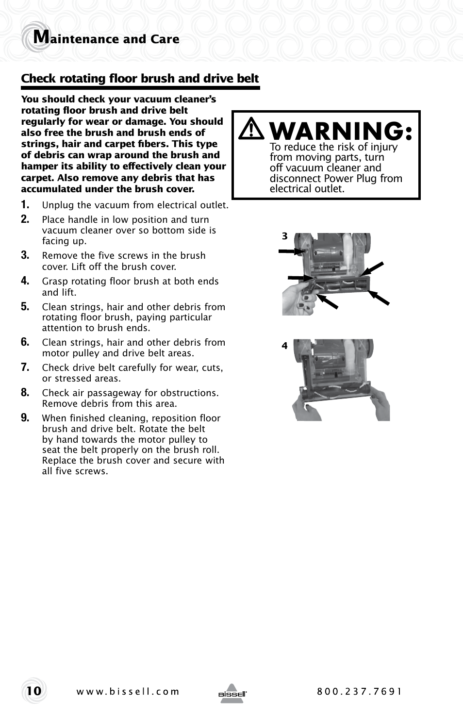 Warning | Bissell POWER GROOM COMPACT PET 13H8 User Manual | Page 10 / 16