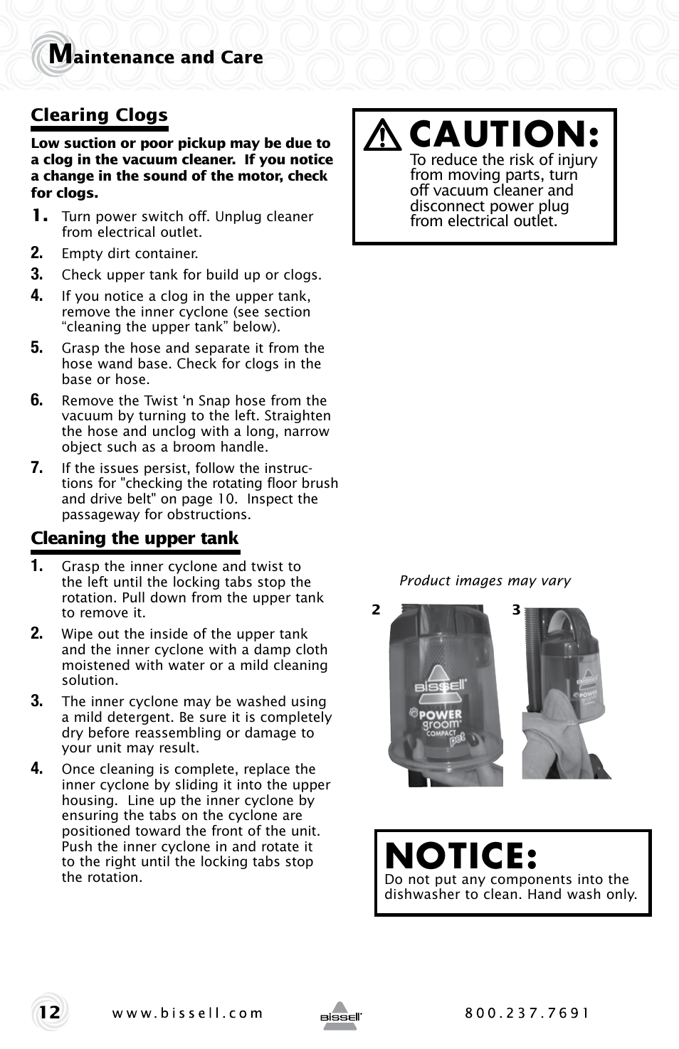 Caution, Notice | Bissell POWER GROOM COMPACT PET 13H8 User Manual | Page 12 / 16