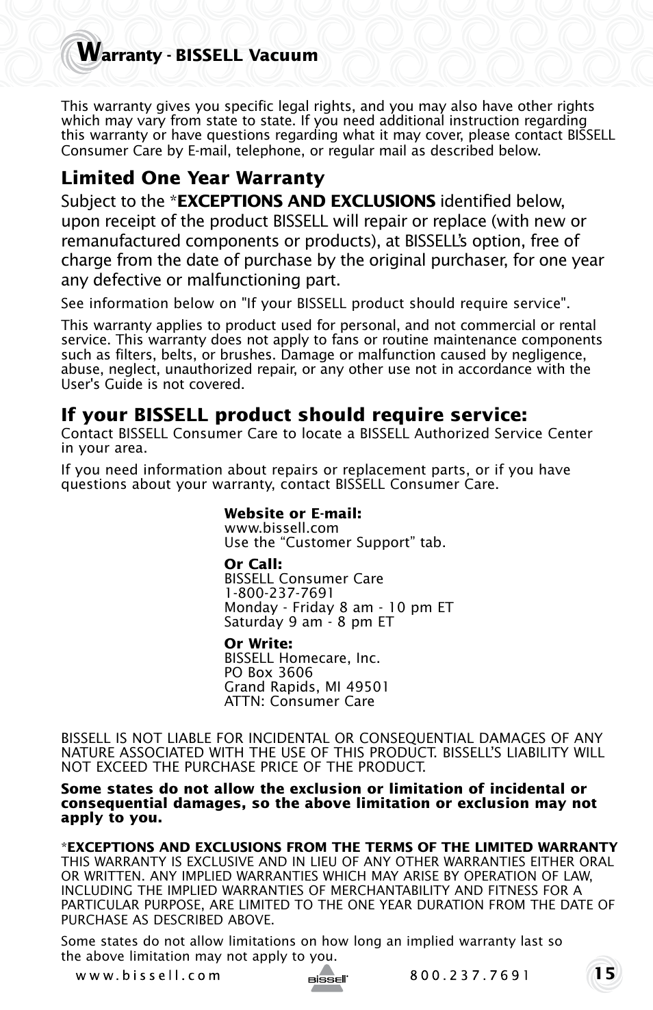 Limited one year warranty, If your bissell product should require service | Bissell POWER GROOM COMPACT PET 13H8 User Manual | Page 15 / 16