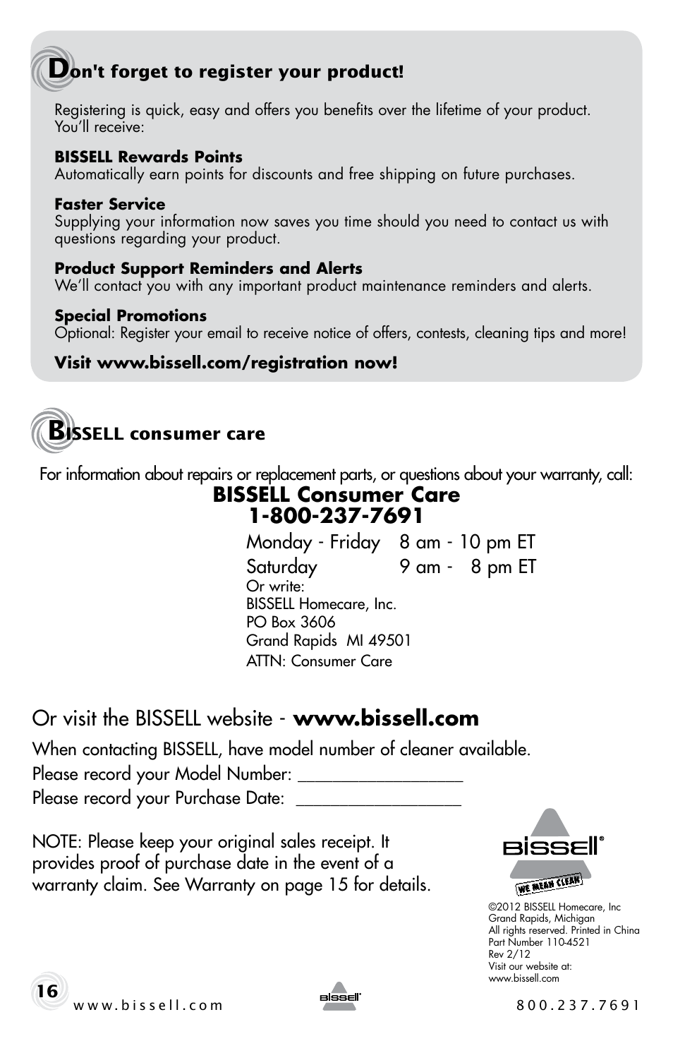 Bissell POWER GROOM COMPACT PET 13H8 User Manual | Page 16 / 16