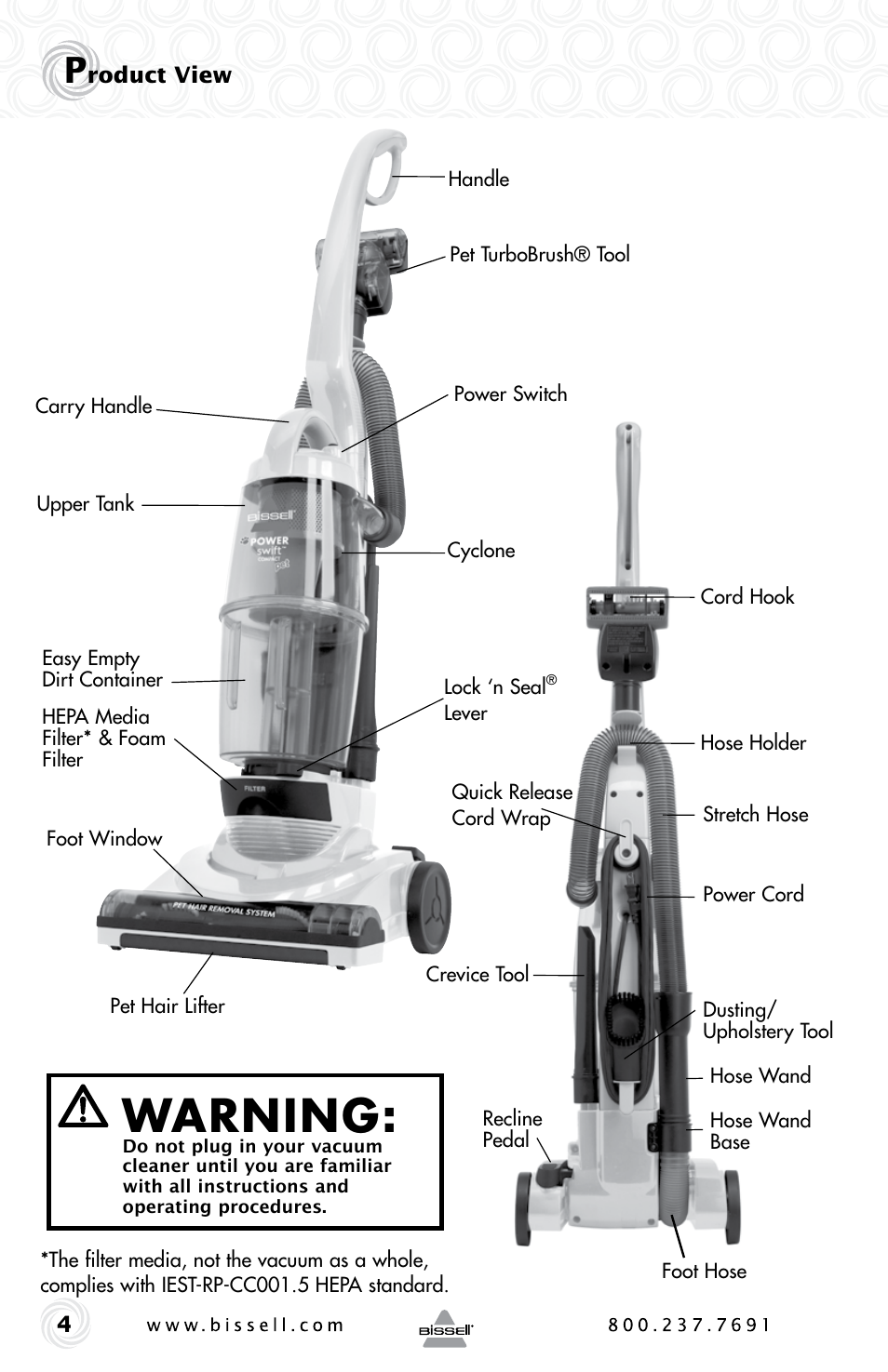 Warning | Bissell POWER GROOM COMPACT PET 13H8 User Manual | Page 4 / 16