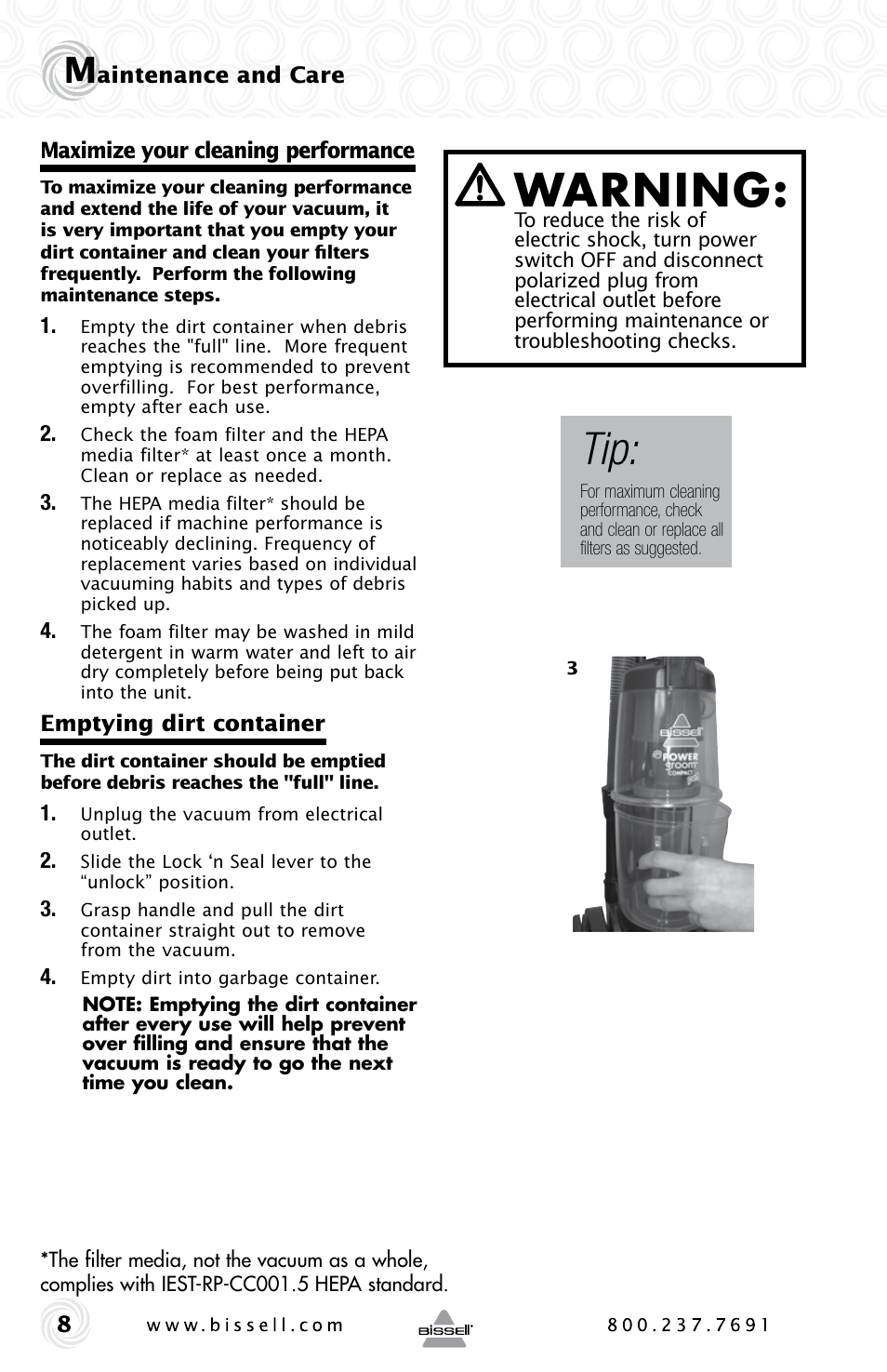 Warning | Bissell POWER GROOM COMPACT PET 13H8 User Manual | Page 8 / 16