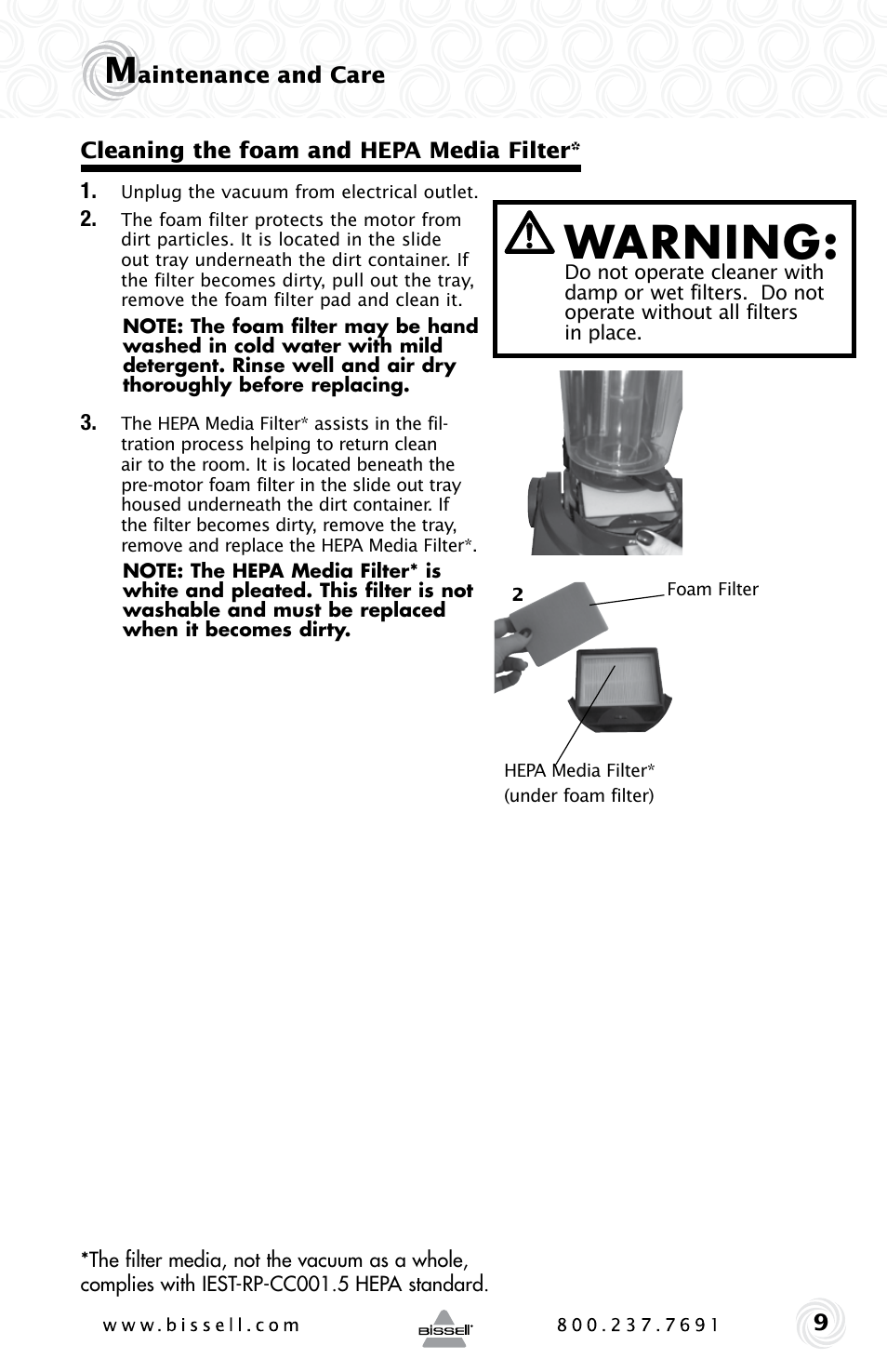 Warning | Bissell POWER GROOM COMPACT PET 13H8 User Manual | Page 9 / 16