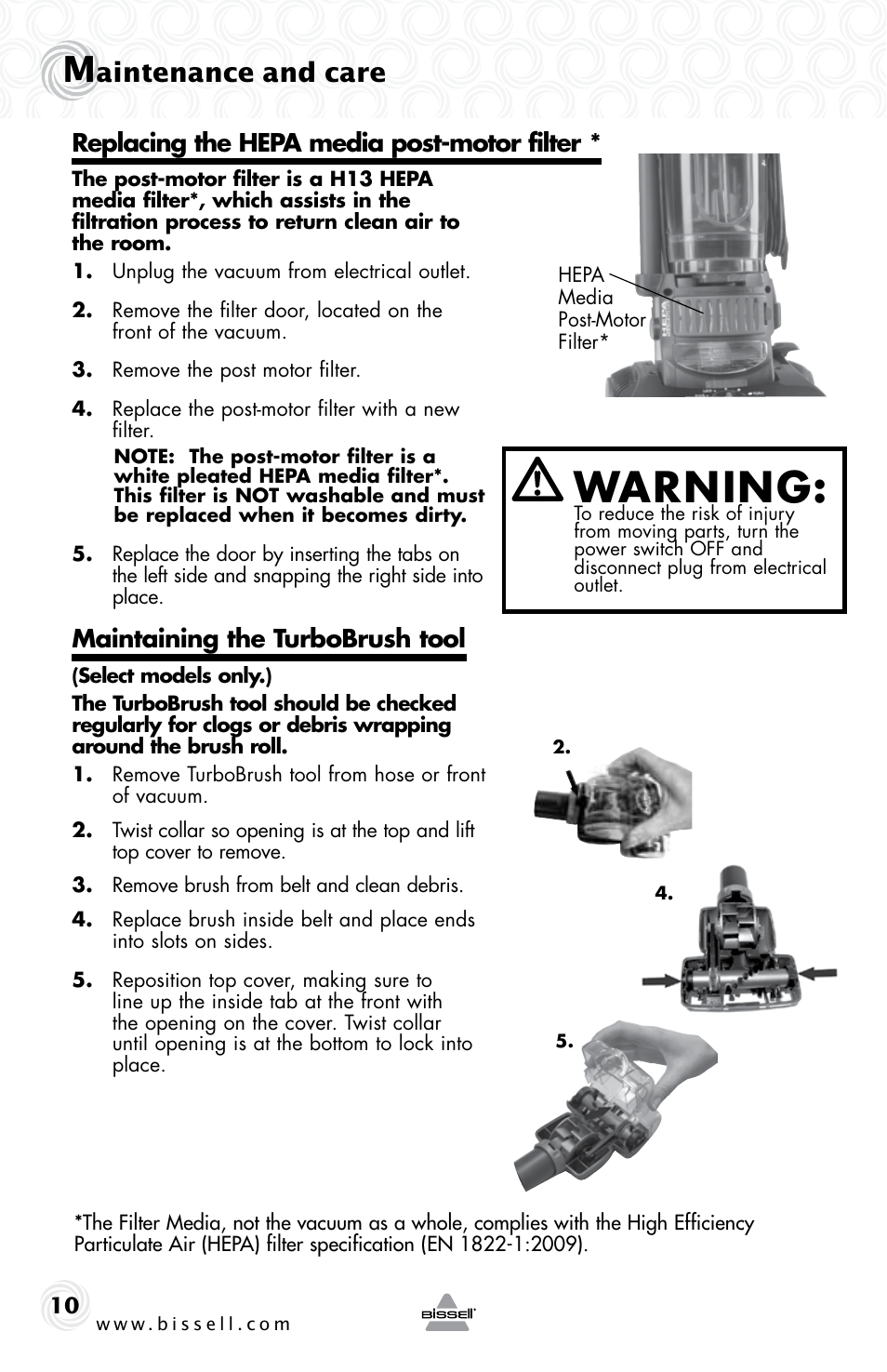 Warning, Aintenance and care, Maintaining the turbobrush tool | Replacing the hepa media post-motor filter | Bissell CLEANVIEW 80E7 User Manual | Page 10 / 16