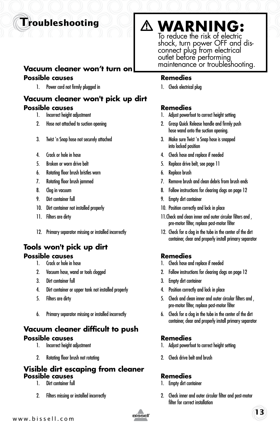 Warning, Roubleshooting | Bissell CLEANVIEW 80E7 User Manual | Page 13 / 16