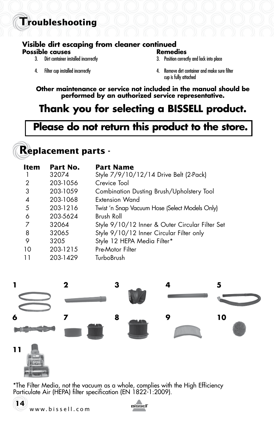 Roubleshooting, Eplacement parts | Bissell CLEANVIEW 80E7 User Manual | Page 14 / 16