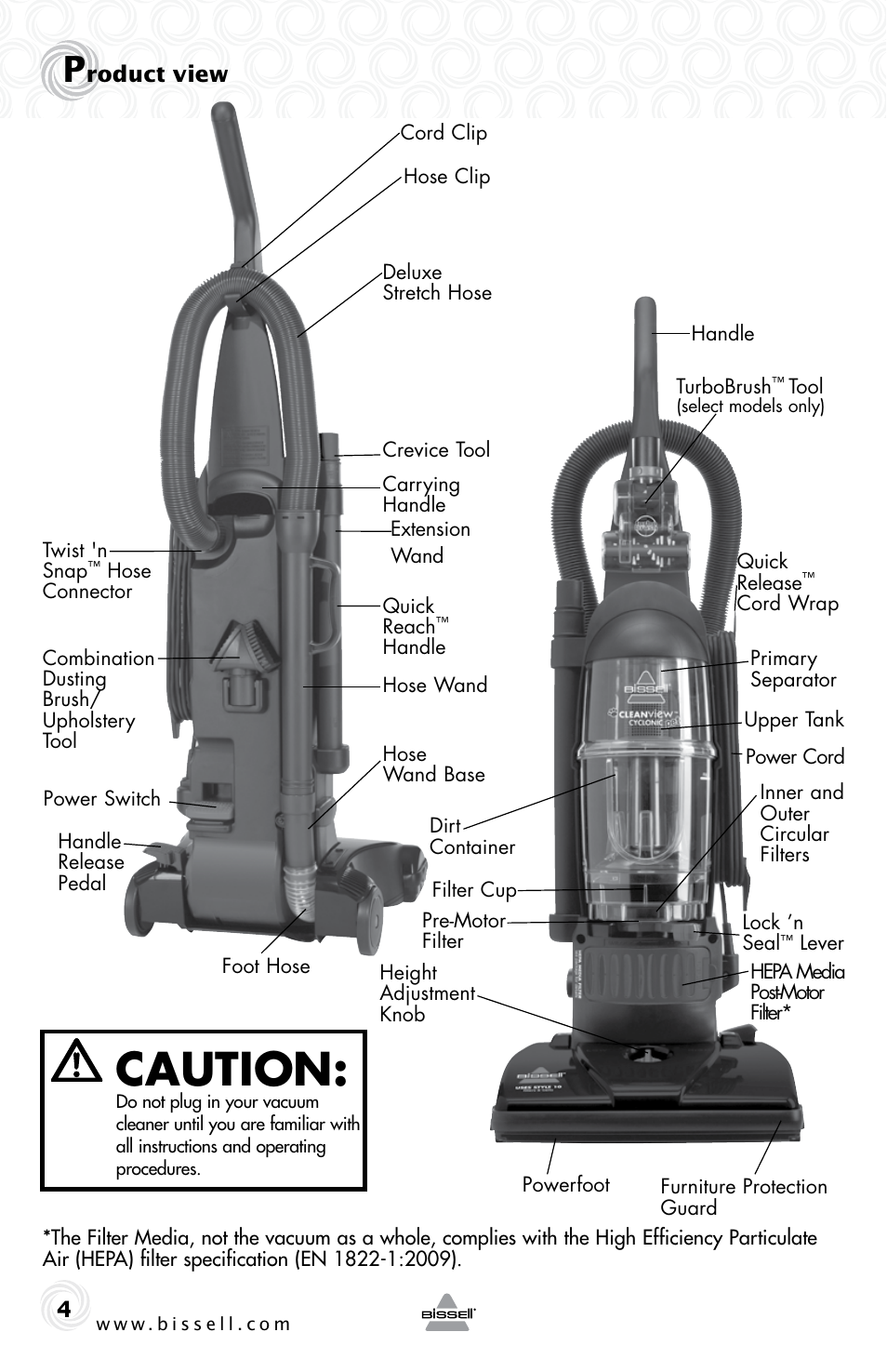 Caution | Bissell CLEANVIEW 80E7 User Manual | Page 4 / 16