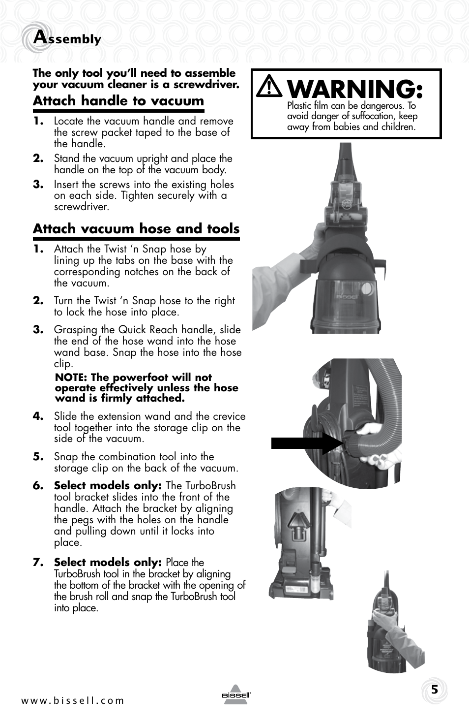 Warning, Attach handle to vacuum, Attach vacuum hose and tools | Bissell CLEANVIEW 80E7 User Manual | Page 5 / 16