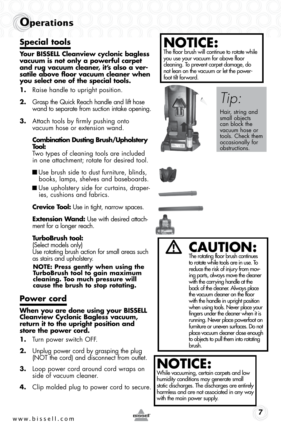 Notice, Caution, Perations | Special tools, Power cord | Bissell CLEANVIEW 80E7 User Manual | Page 7 / 16