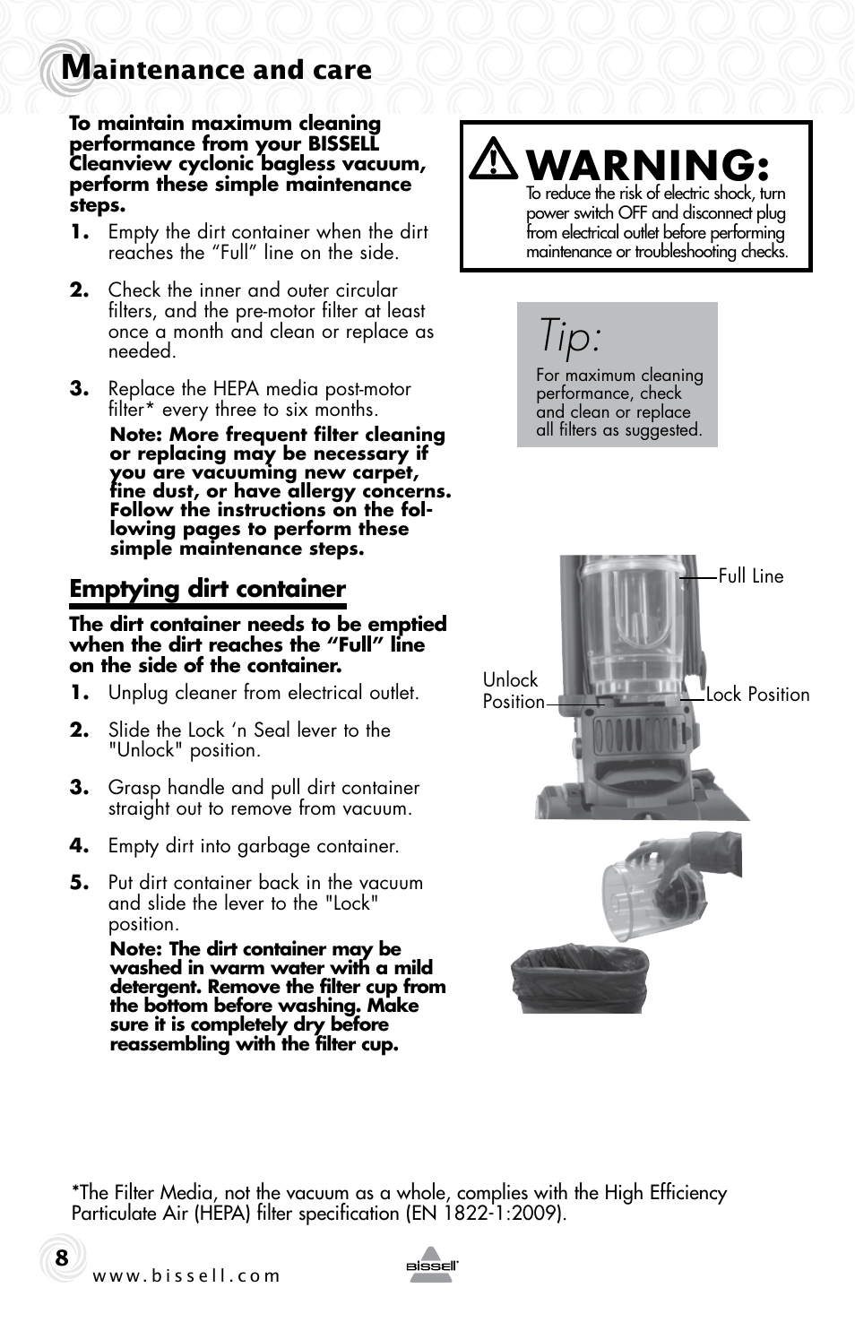 Warning, Aintenance and care, Emptying dirt container | Bissell CLEANVIEW 80E7 User Manual | Page 8 / 16