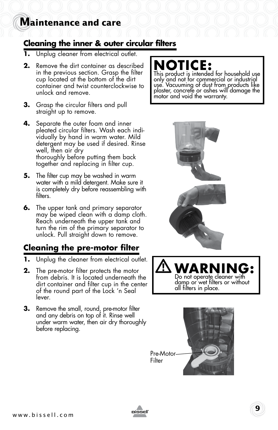 Warning, Notice, Aintenance and care | Bissell CLEANVIEW 80E7 User Manual | Page 9 / 16