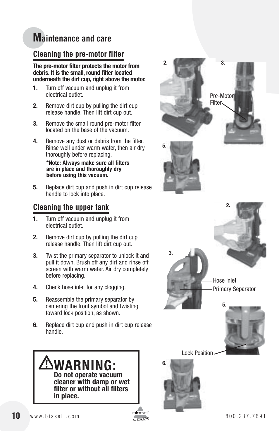 Warning, Aintenance and care, Cleaning the pre-motor filter | Cleaning the upper tank | Bissell 3130 User Manual | Page 10 / 16