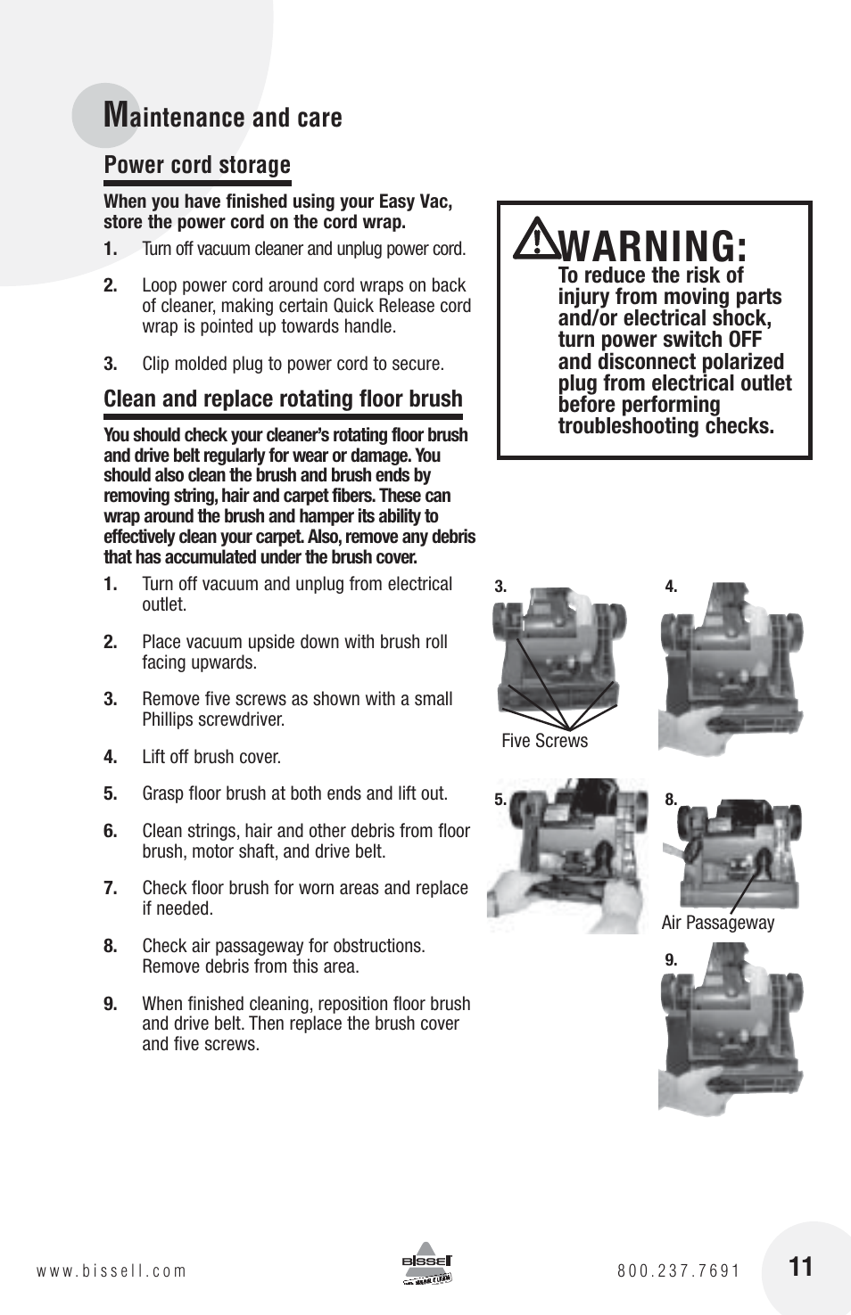 Warning, Aintenance and care | Bissell 3130 User Manual | Page 11 / 16