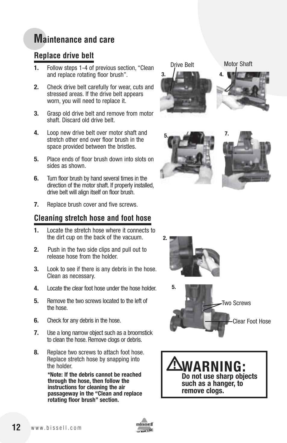 Warning, Aintenance and care, Replace drive belt | Cleaning stretch hose and foot hose | Bissell 3130 User Manual | Page 12 / 16