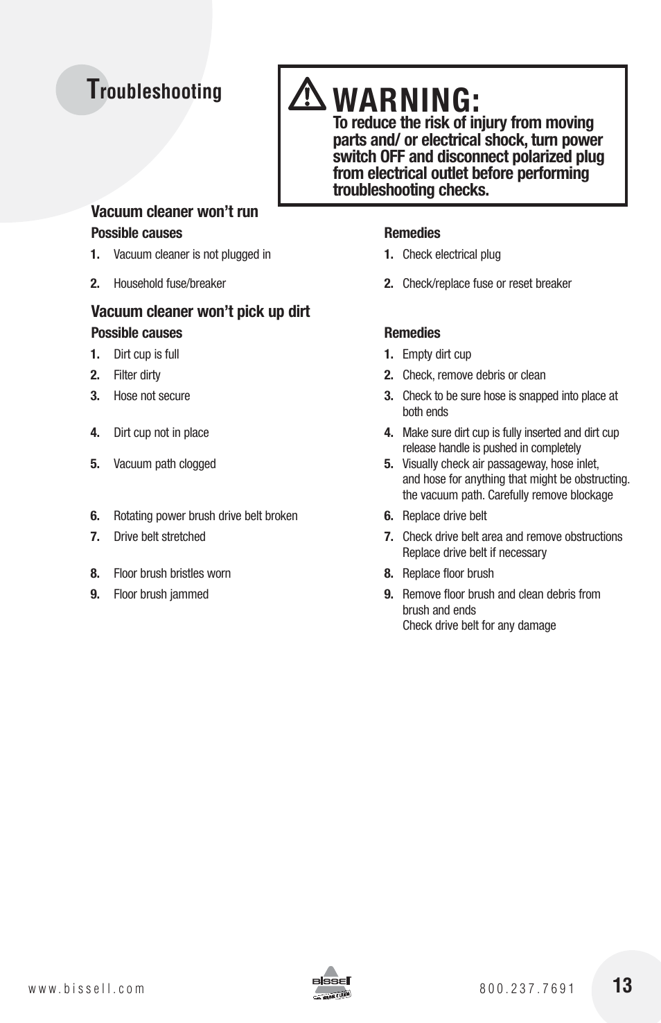 Warning, Roubleshooting | Bissell 3130 User Manual | Page 13 / 16