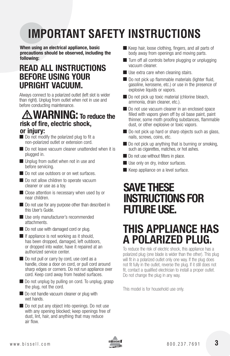 Important safety instructions, Warning | Bissell 3130 User Manual | Page 3 / 16