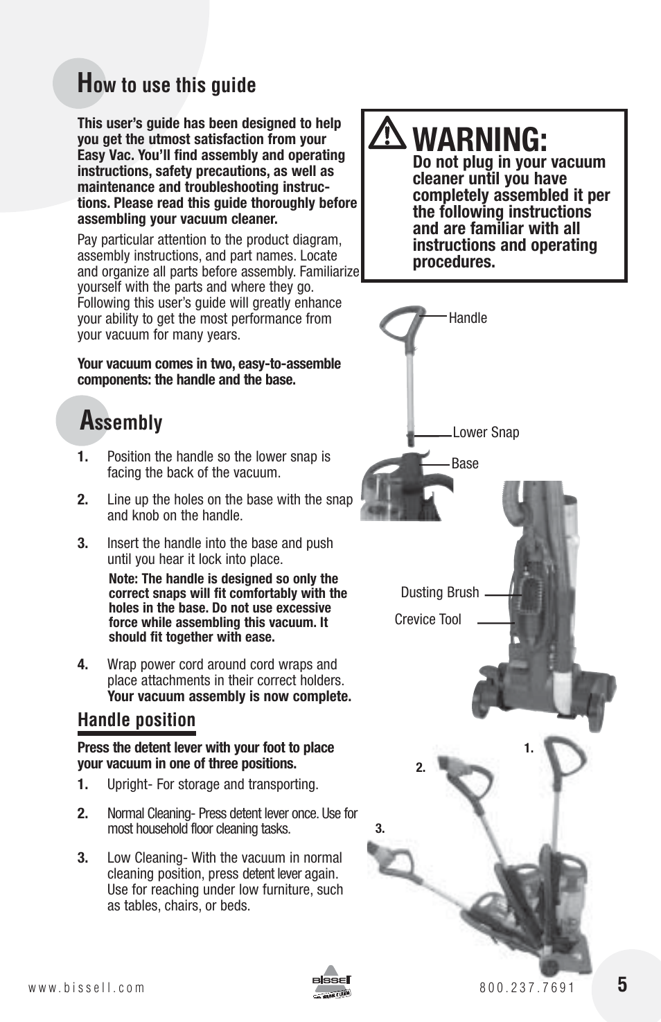 Warning, Ow to use this guide, Ssembly | Bissell 3130 User Manual | Page 5 / 16
