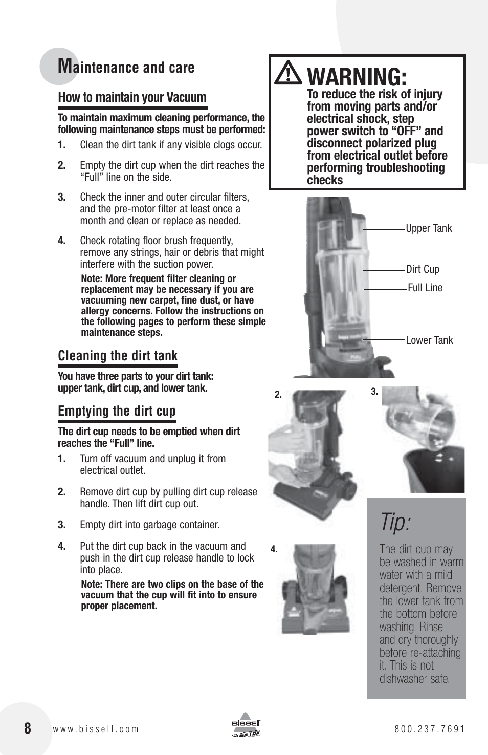 Warning, Aintenance and care | Bissell 3130 User Manual | Page 8 / 16