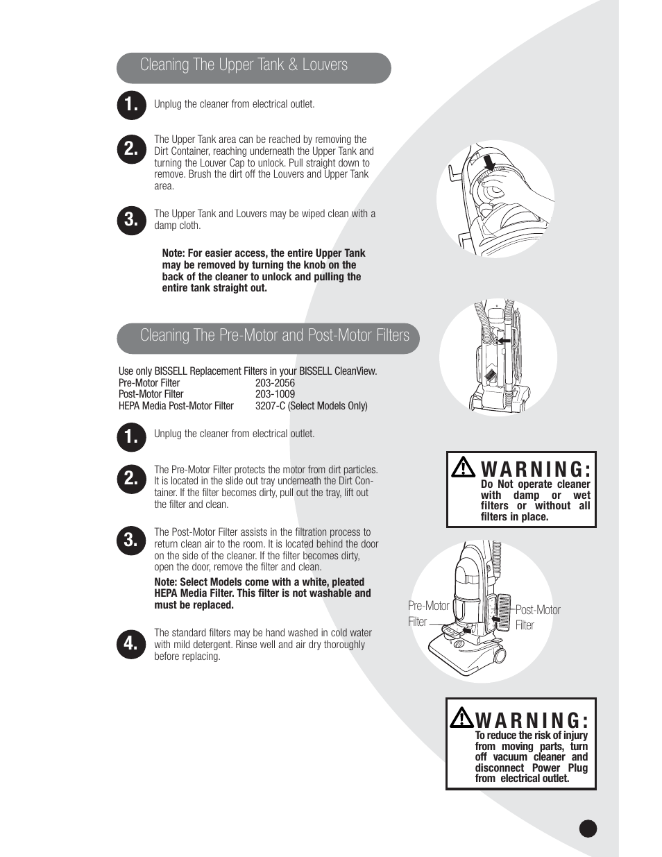 Cleaning the upper tank & louvers, Cleaning the pre-motor and post-motor filters | Bissell 3591 User Manual | Page 9 / 14