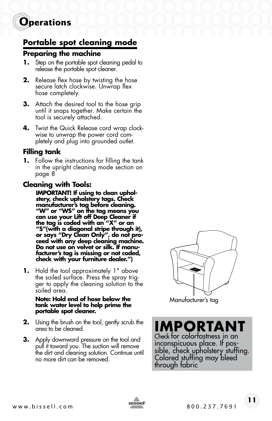 Important, Perations, Portable spot cleaning mode | Preparing the machine, Filling tank, Cleaning with tools | Bissell 27F6 User Manual | Page 11 / 20