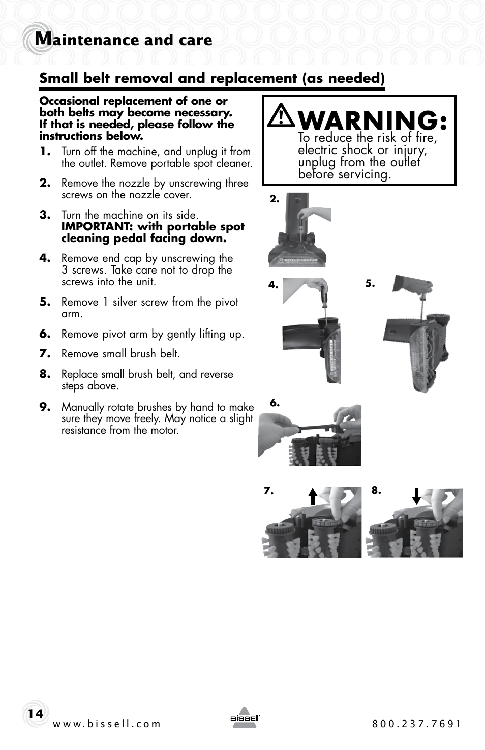 Warning, Aintenance and care | Bissell 27F6 User Manual | Page 14 / 20